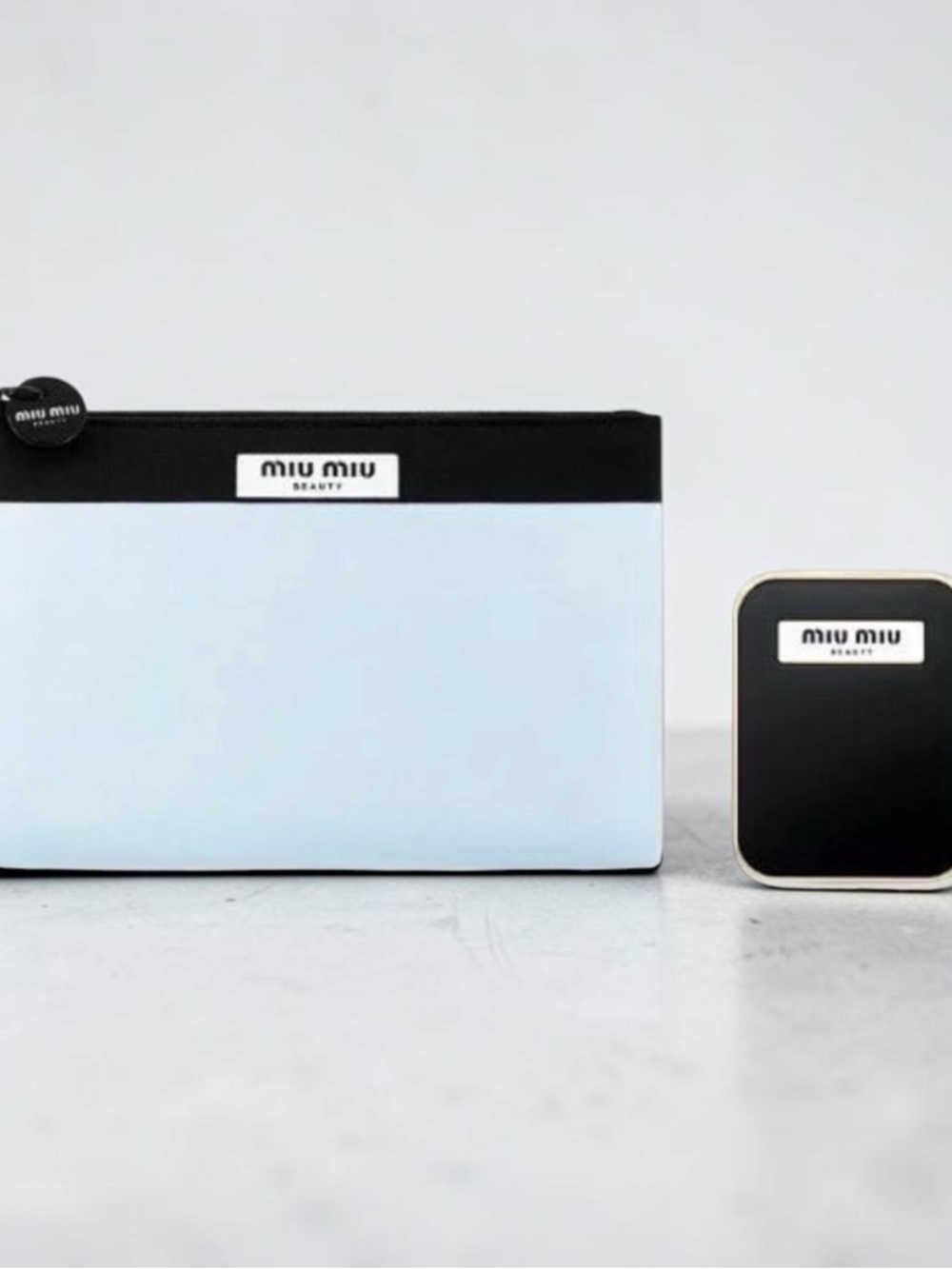 Miu Miu Beauty Black and Light Blue Cosmetic Pouch Set with mirror